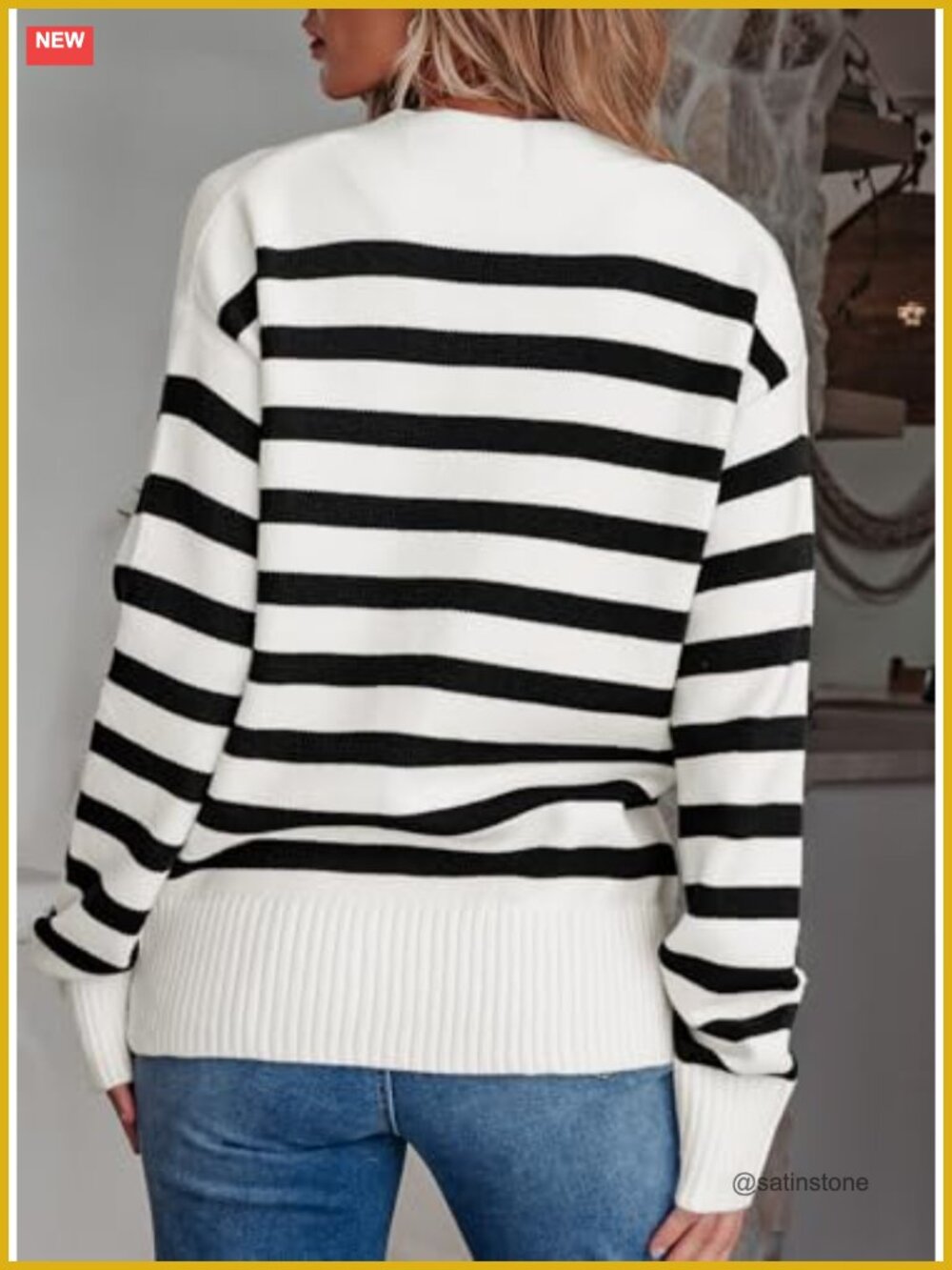 Striped V-Neck Cardigan Sweater Lightweight Open Front Button Down Knit - Picture 5 of 7